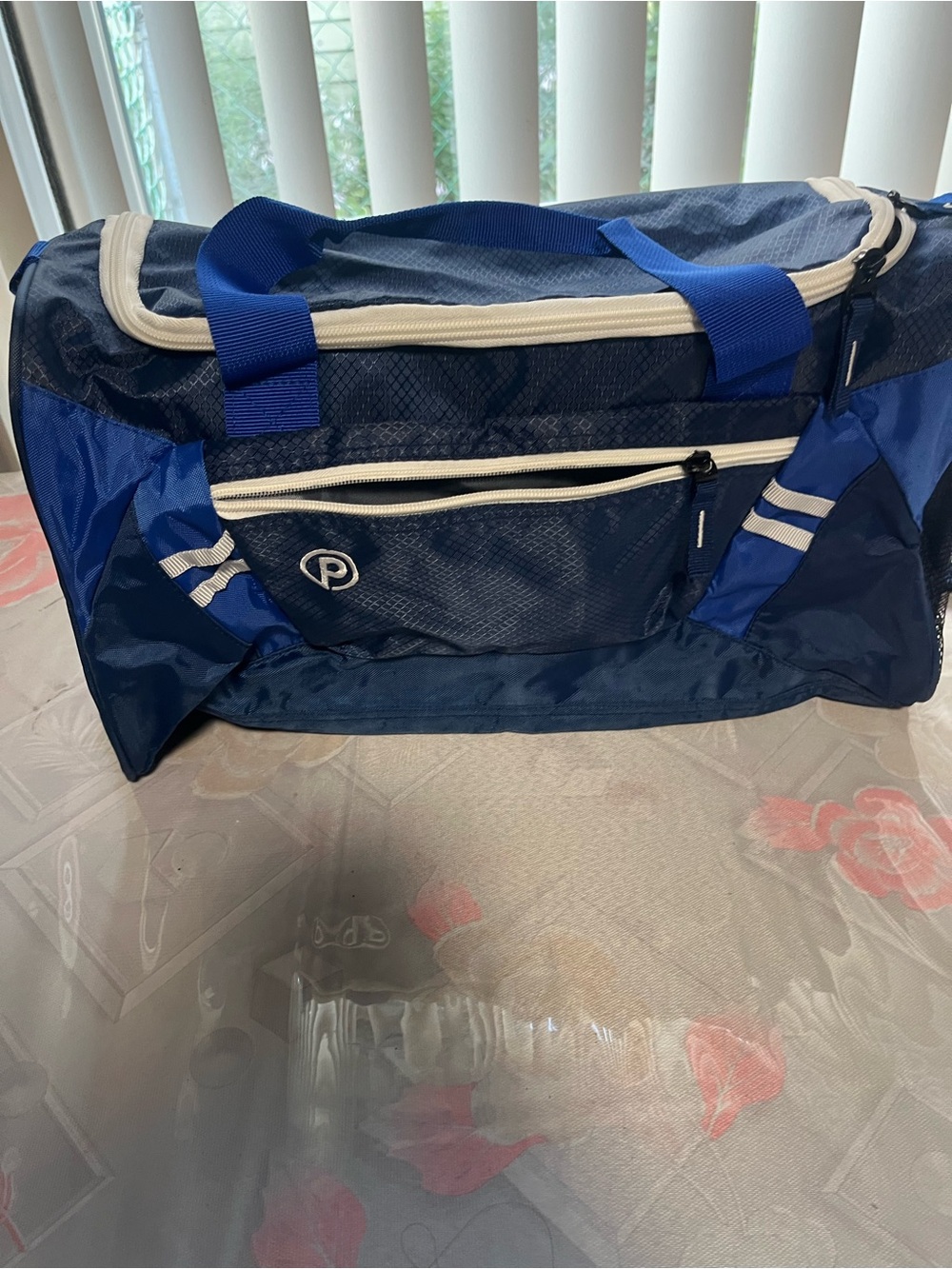 Men's Navy Blue Duffel Bag with White Trim and Dual Carry Handles